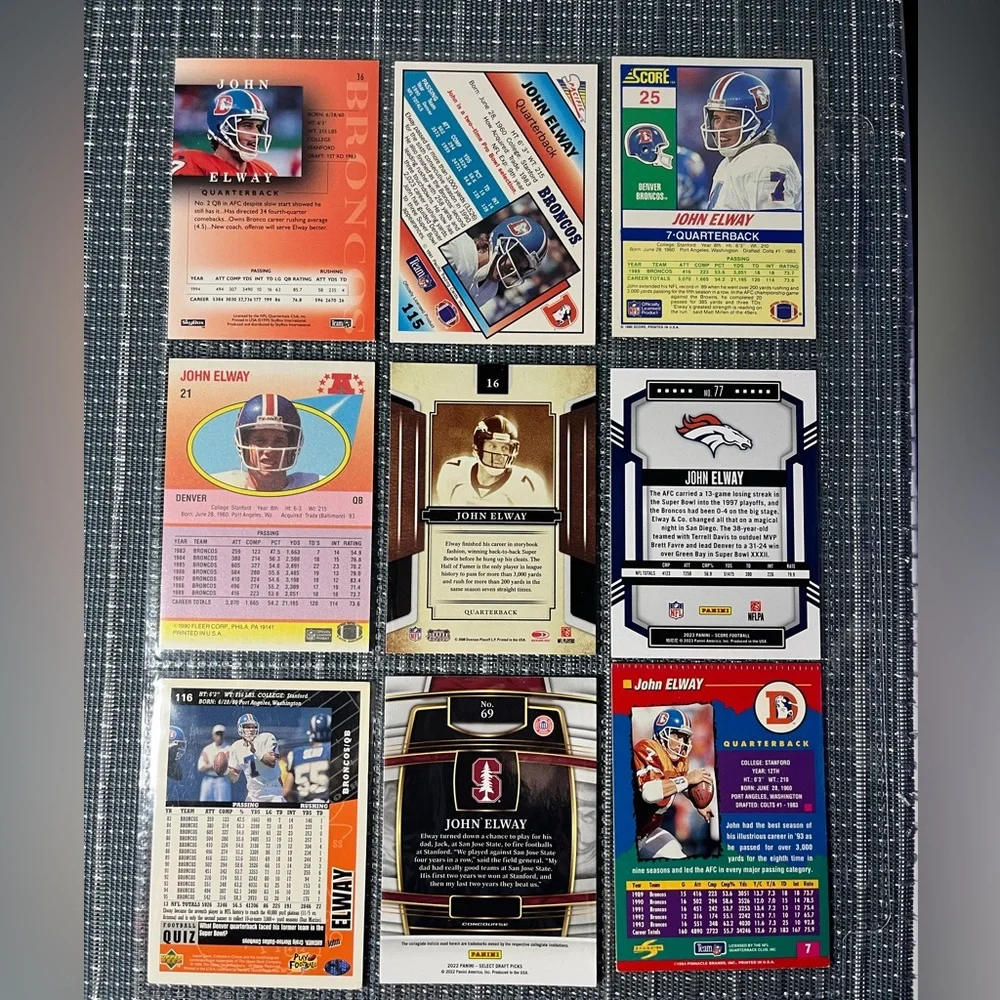 🏈 John Elway NFL National Football League Sports Trading Cards, Qty 9, Lot #4